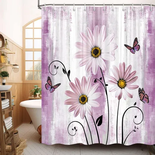 Miniatura 52 de JAWO Cortina de ducha con diseño floral de margaritas azules, cortina de ducha rústica de granja y mariposa en el campo, juego de cortinas de ducha