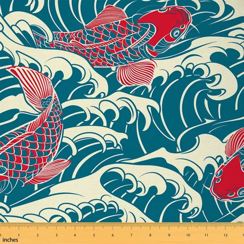Koi Fish - Tela de tapicería de The Yard, tela decorativa japonesa exótica Hokusai con olas del océano para tapicería y proyectos de bricolaje en el