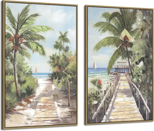 Miniatura 15 de ARTISTIC PATH Arte de Pared en Lienzo de Playa Tropical - 2 Piezas Pintura de Palmeras Imágenes de Paisajes Costeros del Océano Impresiones