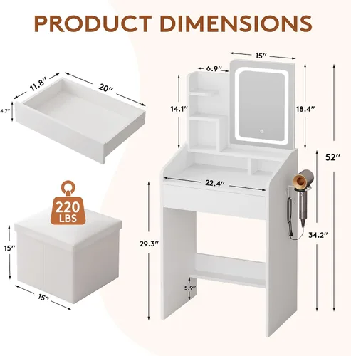 Miniatura 10 de LIVELYGLOW Juego de tocador pequeño con espejo iluminado y estación de energía, escritorio de maquillaje blanco moderno de 24 pulgadas con taburete