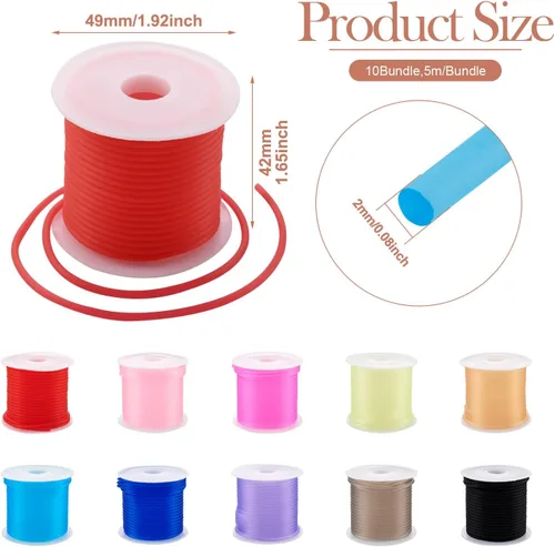 Miniatura 6 de FASHEWELRY 10 rollos de cordones de goma sin agujeros, cordón de peluquero para tejer de 0.079 pulgadas (0.079 in), tubos sólidos de silicona