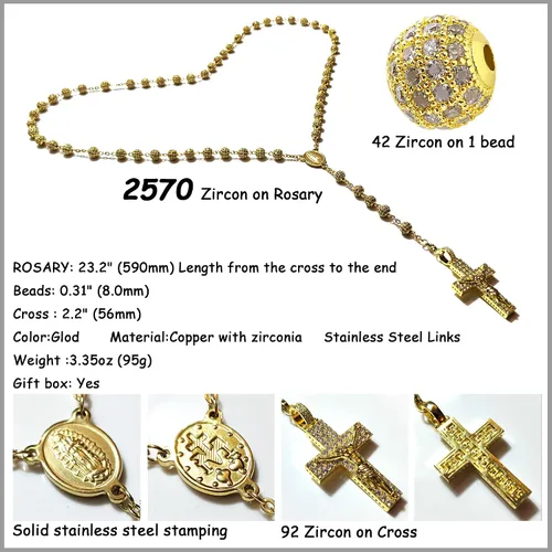 Miniatura 4 de Rosario de lujo de alta calidad, chapaleta de acero inoxidable con circonita, cruz católica, regalos católicos, Acero inoxidable, Circonita.