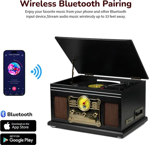Miniatura 4 de FEKTIK FEKTIK - Tocadiscos Bluetooth 10 en 1, tocadiscos de 3 velocidades para vinilo con altavoces, convertidor LP a MP3, CD, reproductor de Negro