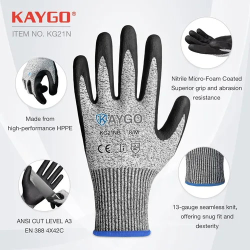Miniatura 2 de KAYGO 2 pares de guantes de trabajo resistentes a cortes para hombres y mujeres, guantes de corte ANSI A3, guantes de trabajo de seguridad de Gris