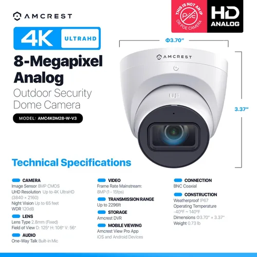 Miniatura 7 de Amcrest Cámara de seguridad analógica 4K para exteriores, torreta 8MP @15fps CCTV-Coax-BNC, visión nocturna de 65 pies, ángulo de 125°, micrófono