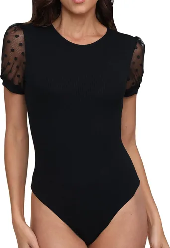 Miniatura 2 de Body de manga larga con cuello alto y lunares para mujer, de malla transparente