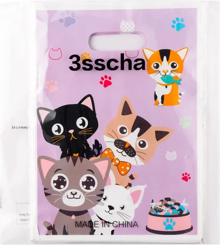 Miniatura 7 de 3sscha 50 bolsas de regalo de fiesta de gato, con temática de gatito, morada, impermeable, bolsa de galletas con asas troqueladas, animales y patas