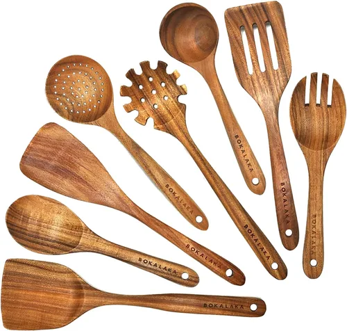 Miniatura 12 de Juego de utensilios de cocina de madera de teca, 7 piezas, utensilios de cocina de madera, incluye espátula