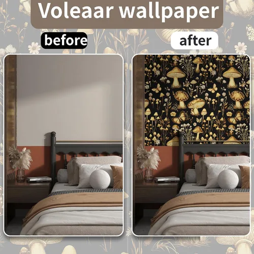 Miniatura 3 de Papel tapiz vintage de hongos para despegar y pegar, papel de contacto floral negro y dorado, papel de pared bohemio para pegar en el gabinete