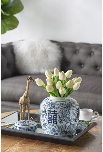 Miniatura 4 de Jarrón con tapa de porcelana 100 % azul y blanco oriental de 8 x 9.5 pulgadas con patrón floral para almacenamiento en el hogar y organización