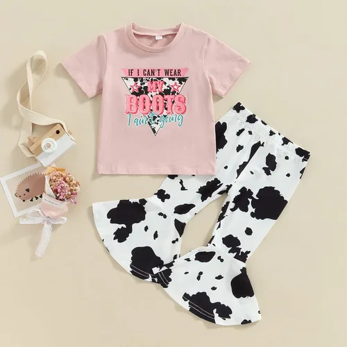 Miniatura 30 de fhutpw Conjunto de camiseta de manga corta con estampado de vaca y pantalones acampanados de dibujos animados para niñas