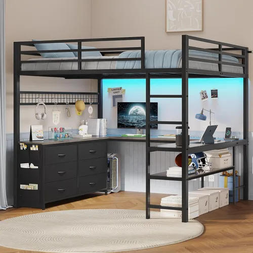 ADORNEVE Cama tipo loft de tamaño matrimonial con escritorio en forma de U, 6 cajones de almacenamiento, toma de corriente, cama alta de metal LED