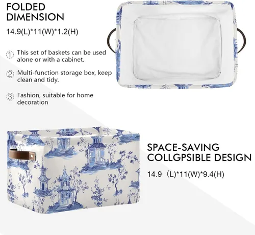 Miniatura 2 de susiyo Cestas de almacenamiento grandes de tela de estilo chinoiserie, con asas de poliuretano para estantes, hogar, armario, dormitorio, sala