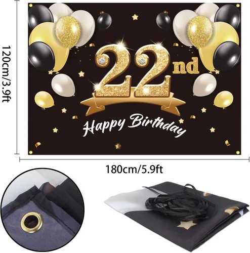 Miniatura 2 de Telón de fondo de pancarta de feliz cumpleaños 22 – Suministros de decoración de fiesta de cumpleaños 22 para hombres y él – Negro dorado 4 x 6 pies