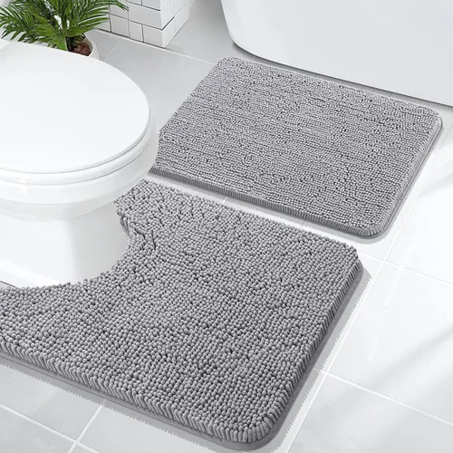 OLANLY Juego de alfombras de baño de 2 piezas, alfombras de baño de chenilla suave y absorbente y alfombra de contorno en forma de U para inodoro,