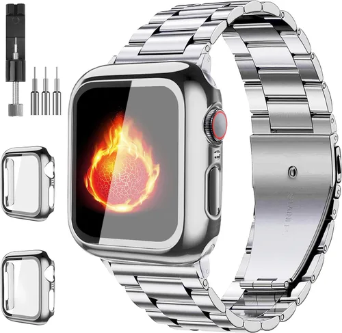 Miniatura 12 de Bekomo Compatible with Apple Watch Band 49mm 46mm 44mm 45mm 42mm 40mm 38mm 41mm, Stainless Steel iWatch Bands with 2 Pack Tempered Glass Case for