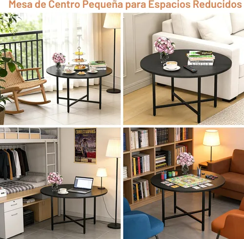 Miniatura 6 de Mesa de Café FAMIDGE, Mesas de Café de 23.6" para Sala de Estar, Mesa de Café Redonda con Marco de Metal, Mesa de Piso para Sentarse en el Suelo