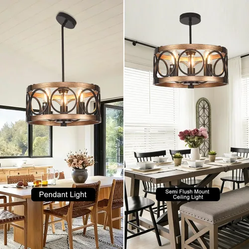 Miniatura 2 de Lámpara de techo para montaje semiempotrado de 3 luces, lámpara de comedor negra de 15.7 pulgadas, lámpara colgante de tambor rústico con acabado