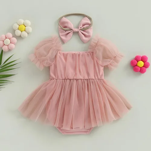 Miniatura 79 de Sasaerucure Traje de verano para bebé niña, sin mangas, mameluco de encaje tutú, mameluco de una pieza con volantes