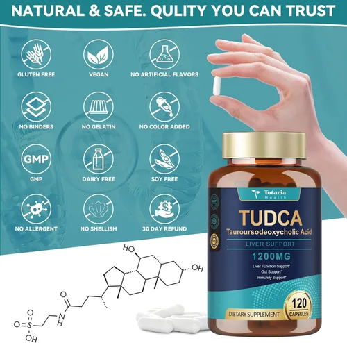 Miniatura 6 de Totaria TUDCA Suplemento de 1200 mg (ácido tauroursodesoxicólico), 120 cápsulas, suplementos hepáticos de sales biliares TUDCA ultra fuertes, Tudca