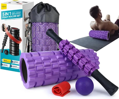 Miniatura 8 de Krightlink Juego de rodillos de espuma 5 en 1 para masaje muscular de tejido profundo, rodillo de espuma para ejercicio de fitness, rodillo