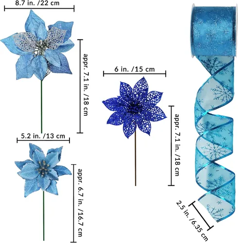 Miniatura 3 de Winlyn Púas de flores de Pascua de Navidad de 3 estilos, adornos para árbol de Navidad y 12 yardas, cinta decorativa con alambre para árbol de Azul