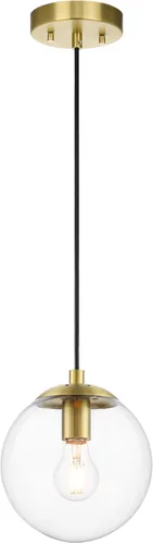 XiNBEi Lighting - Lámpara colgante de globo de 8 pulgadas con latón satinado de vidrio transparente | Mid Century Modern, Adjustable, Round Hanging