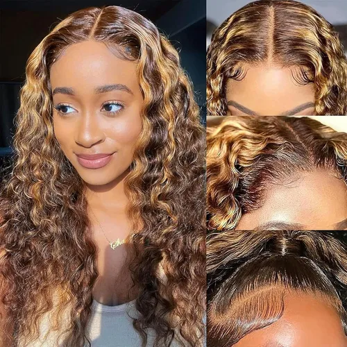 Miniatura 57 de SENSAIRUITE Peluca Rizada Ombré con Reflejos Rubio Miel Peluca con Diadema Cabello Humano 12 Pulgadas Onda Profunda Densidad 180% Pelucas