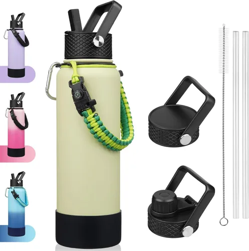 Miniatura 49 de BJPKPK - Botella de agua con tapa de popote, botellas de agua aisladas de 18 onzas con 3 tapas, asa de cuerda de paracaídas y base antideslizante
