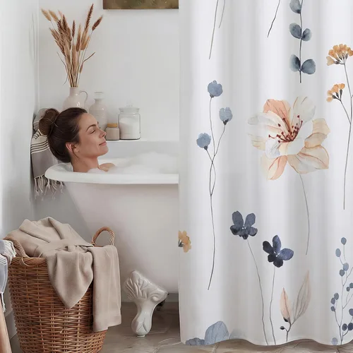 Miniatura 7 de WITHLOC Cortina de ducha sin gancho con forro a presión, cortina de ducha floral de acuarela, forro interior impermeable de tela, plantas azules
