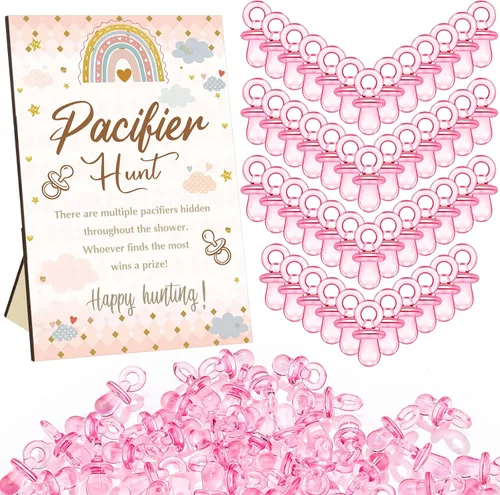 Thyle Juego de 51 piezas de chupete de caza para baby shower, incluye signo de caza y 50 chupetes acrílicos para decoración de juegos de baby Rosa