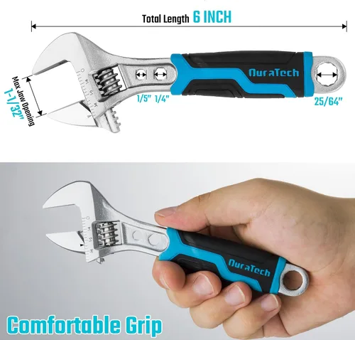 Miniatura 5 de DURATECH - Llave ajustable de 6 pulgadas, llave combinada 3 en 1 con extremo de caja/función hexagonal, acero CR-V, escalas métricas y SAE, cromada