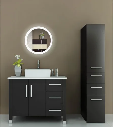 Miniatura 3 de Krugg Espejo redondo LED de baño de 22 pulgadas de diámetro, espejo de tocador iluminado con atenuador y desempañador, cristal con respaldo plateado
