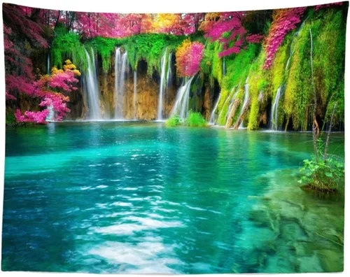 Miniatura 14 de BELECO Tapiz de lago bosque, pintoresco tapiz de cascada de montaña, tapiz para colgar en la pared, increíble cascada en el parque nacional