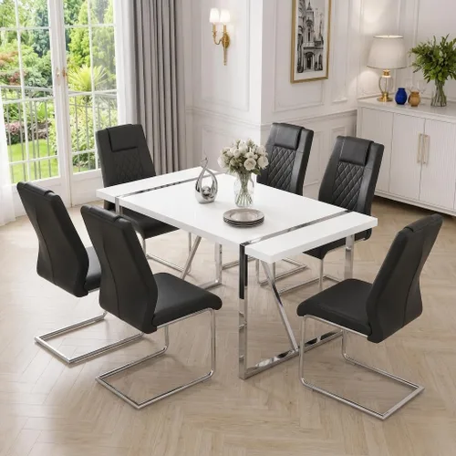 Miniatura 28 de Juego de mesa de comedor moderna de 55 pulgadas para 4, mesa de comedor negra y marco de metal dorado, mesa de comedor rectangular con 4 sillas