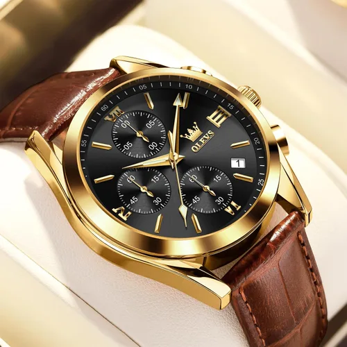 Miniatura 8 de OLEVS Reloj cronógrafo para hombre, reloj de pulsera analógico de cuarzo con correa de cuero para hombre (azulblanconegrodorado)