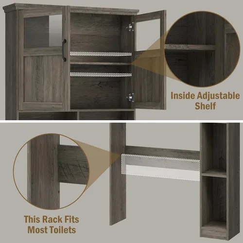 Miniatura 7 de Vabches Armario de almacenamiento sobre el inodoro con puertas dobles, soporte para papel higiénico y estante ajustable, ahorro de espacio Gris