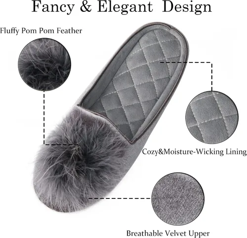 Miniatura 3 de GRITHEIM Pantuflas de casa de terciopelo con pompones mullidos para mujer, de espuma viscoelástica, cómodas, de punto de felpilla, para dormitorio