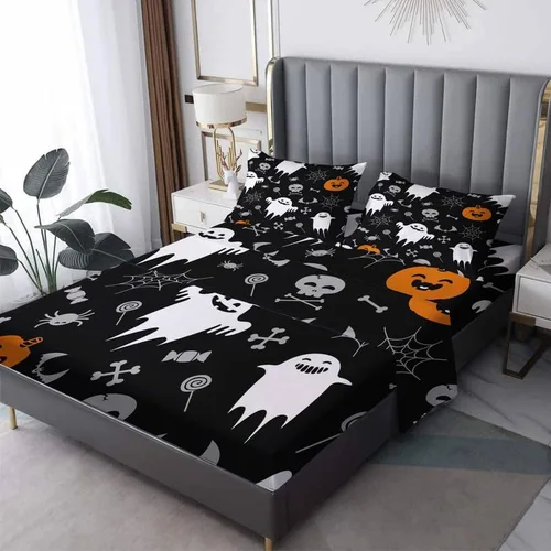 Juego de sábanas de Halloween para niños y niñas, juego de sábanas espeluznantes de tela de araña, calabaza fantasma, microfibra suave, bolsillo