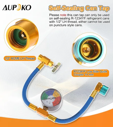 Miniatura 3 de Aupoko R1234YF Kit de manguera de carga de refrigerante, con abrelatas autosellantes LH de 1/2 pulgadas, acoplador rápido de lado bajo R1234YF