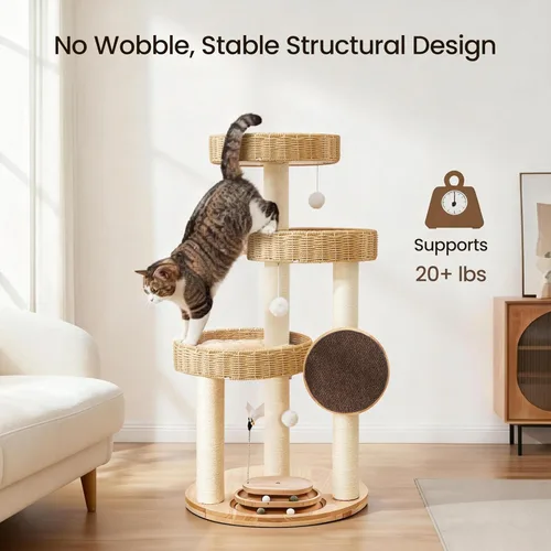 Miniatura 4 de Árbol de madera maciza para gatos grandes, torre moderna para gatos de 48 pulgadas con cestas tejidas a mano, condominio para gatos de varios