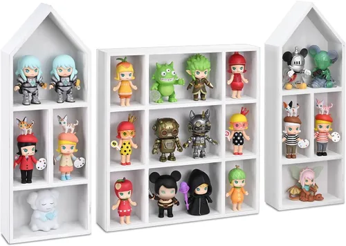 Miniatura 9 de Ikee Design Juego de 3 piezas montadas en la pared en forma de casa de madera con forma de cubículo de sombra con puerta, vitrina de almacenamiento