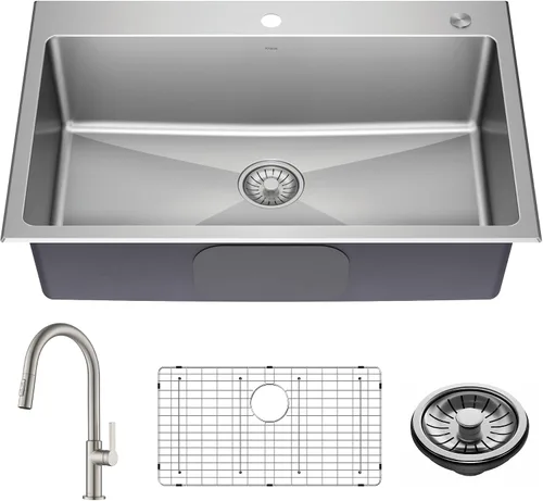 Miniatura 5 de Kraus KCA-1102 Stark Combo de Fregadero de Doble Montaje Drop y Grifo Comercial de Cocina Desplegable en Acabado de Acero Inoxidable, 33" - Tazón