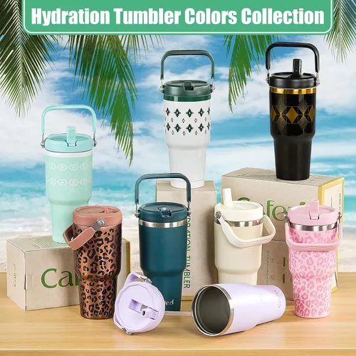 Miniatura 7 de Vaso de 30 onzas con tapa y pajita, vasos de acero inoxidable con aislamiento al vacío con pajita plegable y asa superior, botella de agua aislada