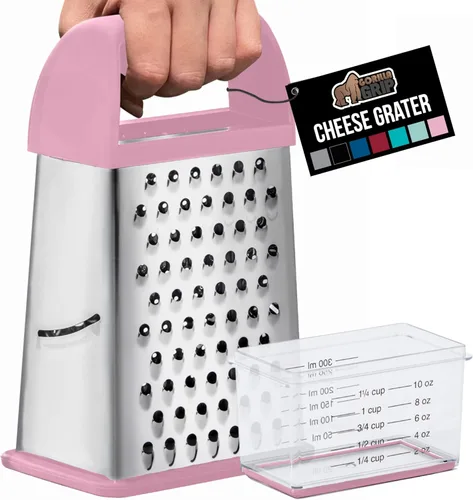 GORILLA GRIP Rallador de queso de 4 lados 100% libre de BPA con contenedor, ralladores de caja XL de acero inoxidable, triturador de parmesano, Rosa