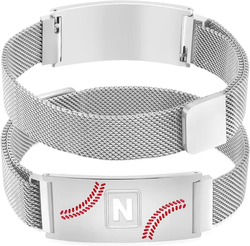Miniatura 18 de Fervia Regalos de graduación de Pascua para hombres, pulsera con inicial de béisbol, color negro, plateado, dorado, acero inoxidable, pulseras