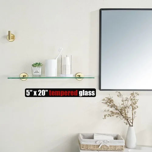 Miniatura 2 de JQK Estante de baño de vidrio dorado, vidrio templado para ducha de 20 por 5 pulgadas, 304 acero inoxidable dorado cepillado para montaje en pared