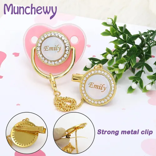 Miniatura 5 de Chupete personalizado con nombre, juego de clip para chupete dorado brillante con caja de regalo, tarjeta de felicitación, lujoso chupete de cristal
