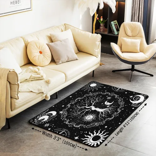 Miniatura 2 de Erosebridal Alfombra de área con diseño de árbol de la vida, 3 x 5, hippie, sol y luna, decoración de astrología en blanco y negro, antideslizante