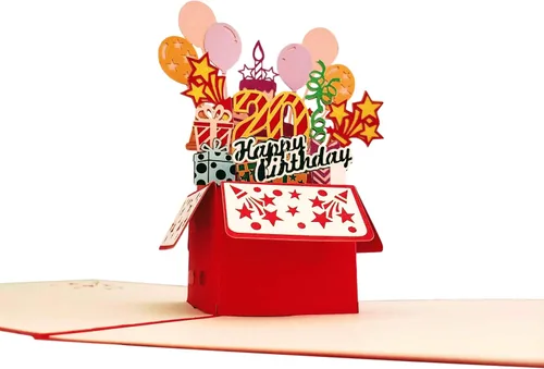 Miniatura 6 de iGifts And Cards Tarjeta desplegable 3D de 20 cumpleaños – Caja de fiesta roja de moda sorpresa con globos, regalos y vibraciones de celebración